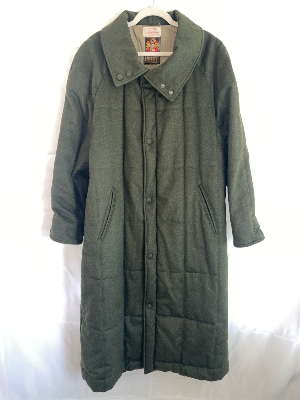 Vintage Olive Green Quilted Wool /Cotton lined Long Cold Weather Winter Coat